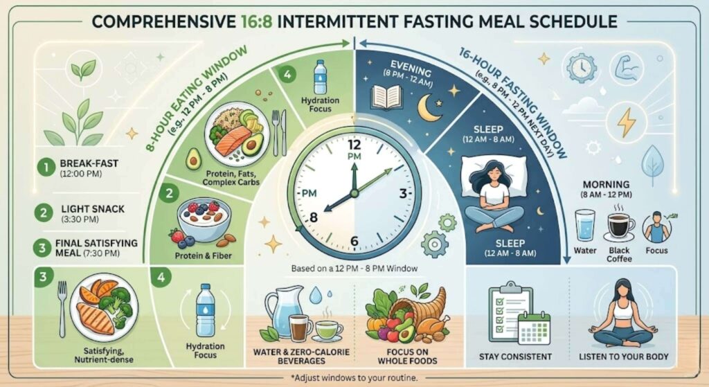 Comprehensive 16:8 intermittent fasting meal schedule showing eating window, healthy meals, hydration, and 16-hour fasting period