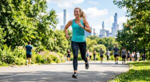 Woman jogging in a park as part of a healthy weight loss, fitness, and active lifestyle routine