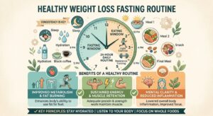 Healthy weight loss fasting routine infographic showing eating and fasting windows, meal timing, hydration, exercise, and wellness benefits