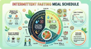 Intermittent fasting meal schedule infographic showing a 16-hour fasting window, 8-hour eating window, meal timing, hydration tips, and health benefits
