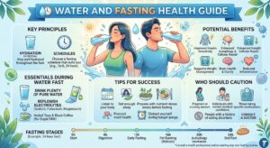 Water and fasting health guide infographic showing hydration essentials, fasting stages, health benefits, safety precautions, and tips for successful fasting
