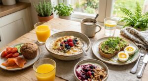 Balanced breakfast foods including eggs, whole grains, fruits, yogurt, and healthy fats.