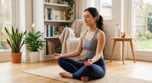 Beginner practicing yoga at home for better physical and mental health.
