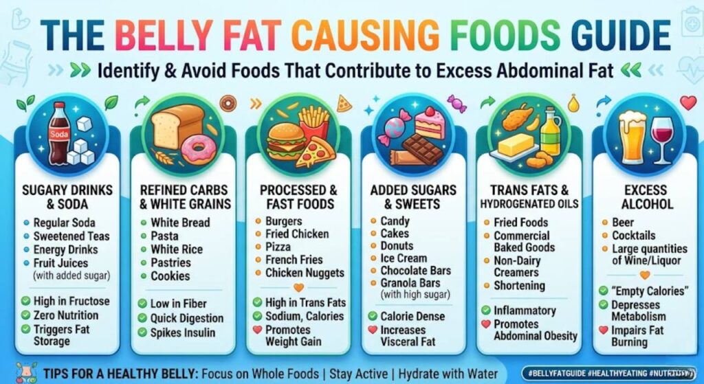 Sugary soft drinks that contribute to belly fat and weight gain.