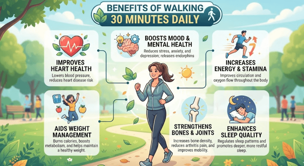 Health benefits of walking 30 minutes daily for fitness, heart health, and wellness.