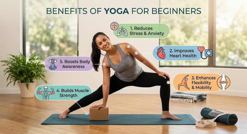Beginner practicing yoga to improve flexibility, balance, and overall wellness.