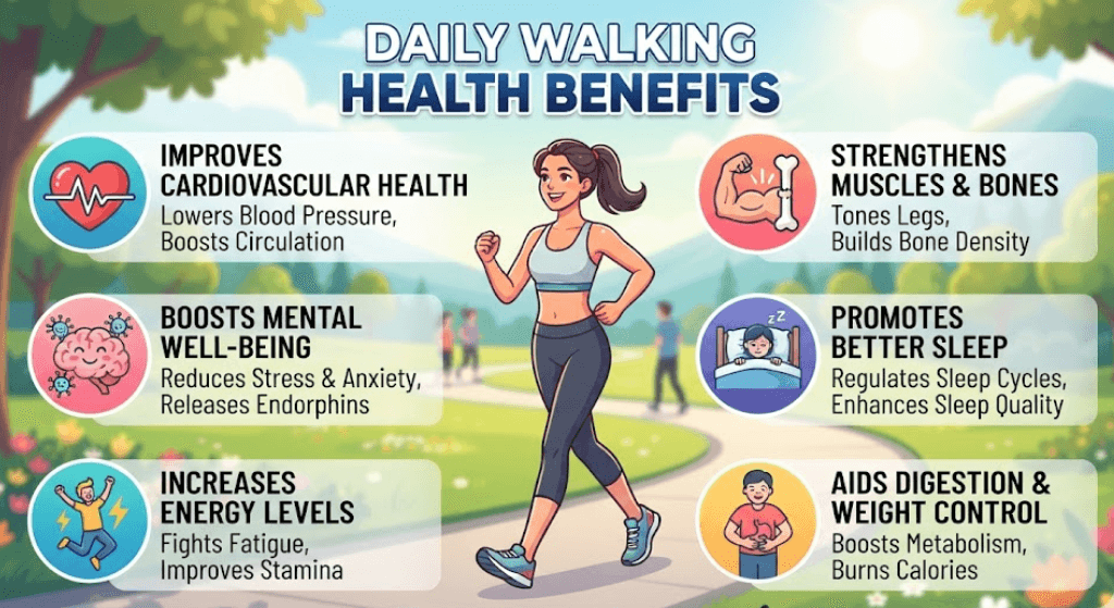 Daily walking improving cardiovascular health and blood circulation.