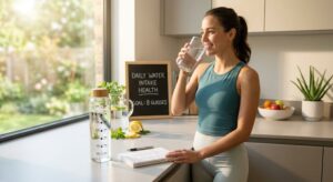 Drinking enough water daily to prevent dehydration and fatigue.