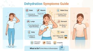 Early dehydration symptoms including dry mouth, chapped lips, and thirst.