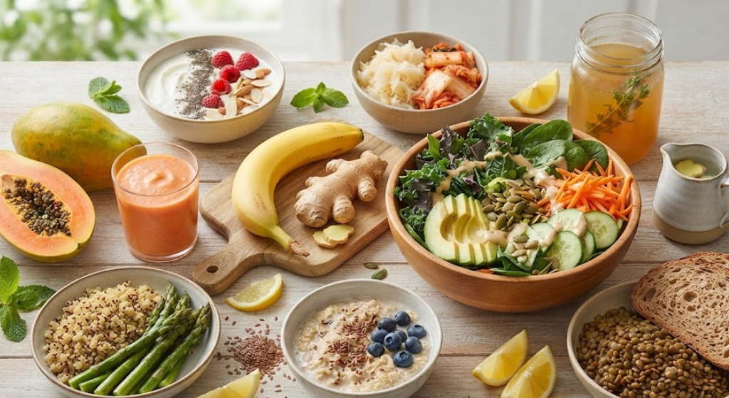 Fiber-rich foods including fruits, vegetables, oats, and whole grains for better digestion.