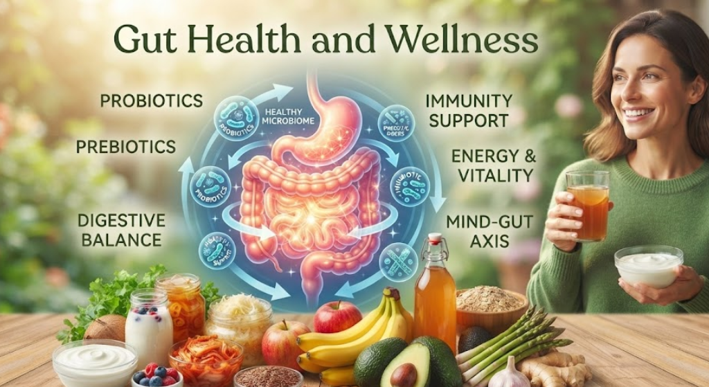 Probiotic foods and healthy gut bacteria supporting digestion and wellness.