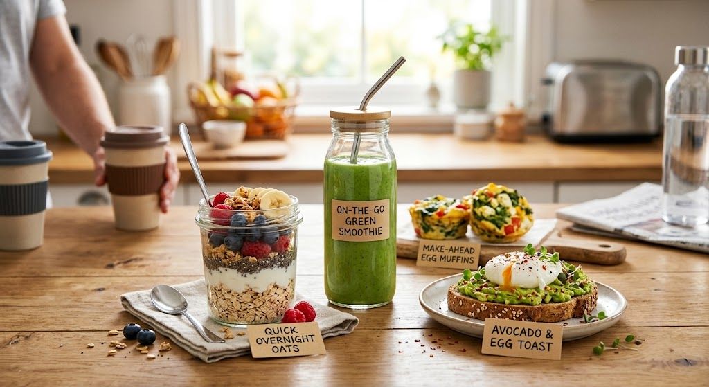 Healthy breakfast ideas with oats, eggs, fruits, yogurt, and whole grains for busy mornings.