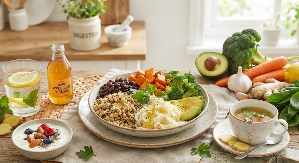 Healthy eating habits with nutritious foods that improve digestion naturally.