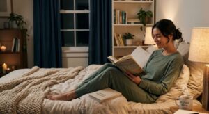 Healthy nighttime routine with sleep-supporting foods and herbal tea.