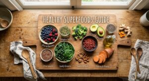 A colorful variety of nutrient-dense superfoods supporting overall health, energy, and wellness.