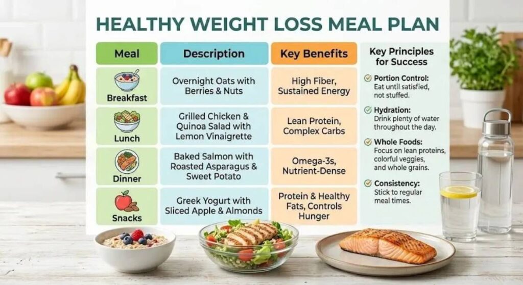 Healthy foods for weight loss including fruits, vegetables, and lean protein.