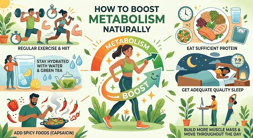 Natural ways to boost metabolism through healthy nutrition, exercise, and hydration.