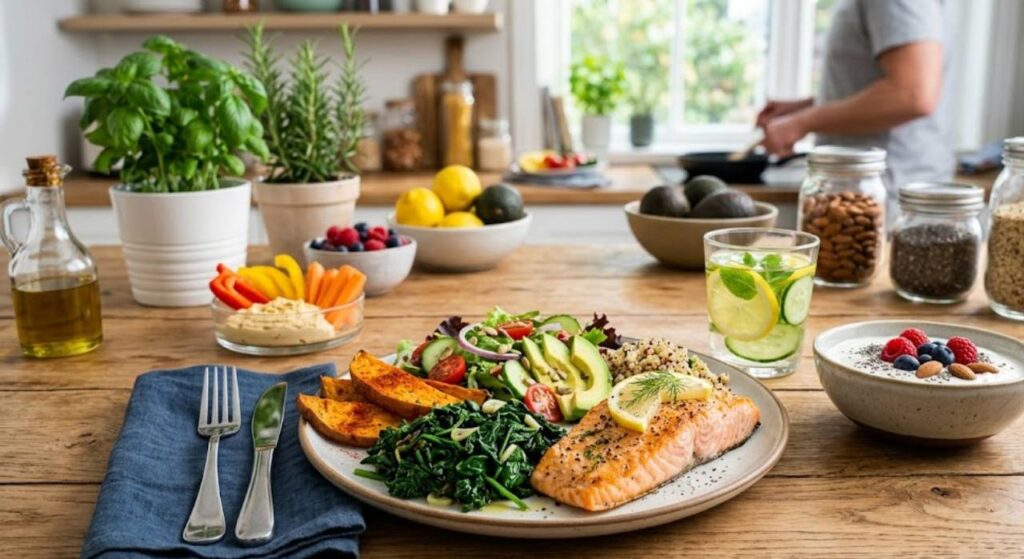 Healthy foods for belly fat loss including vegetables, fruits, and lean protein.