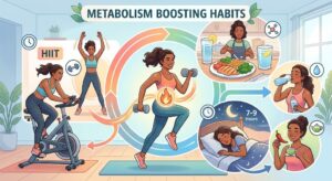 Strength training and healthy habits to increase metabolic rate.