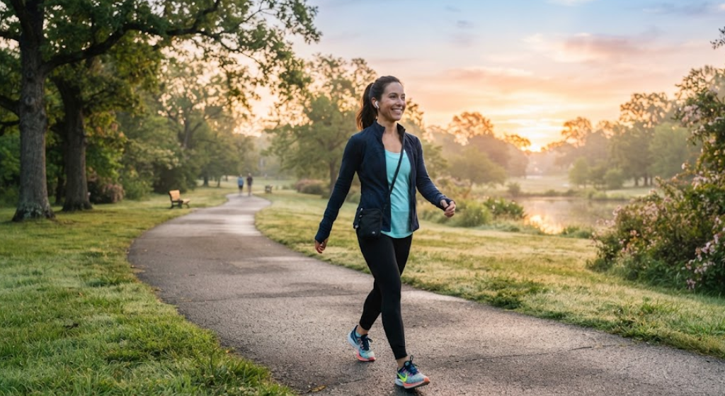 Morning walking routine helping improve energy levels and sleep quality.