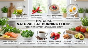 Green tea, vegetables, fruits, and fiber-rich foods that support fat burning.