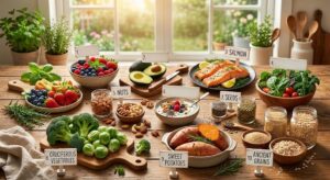 Spinach and salmon providing essential vitamins, minerals, protein, and omega-3 fatty acids.