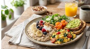 Nutritious breakfast plate with oatmeal, berries, bananas, and almonds.