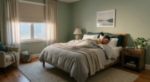 Calm, dark, and comfortable bedroom designed for quality sleep.