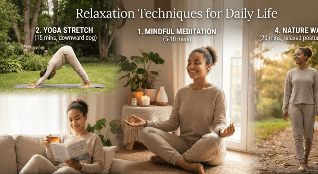 Relaxation techniques such as nature walks and calming music for stress relief.