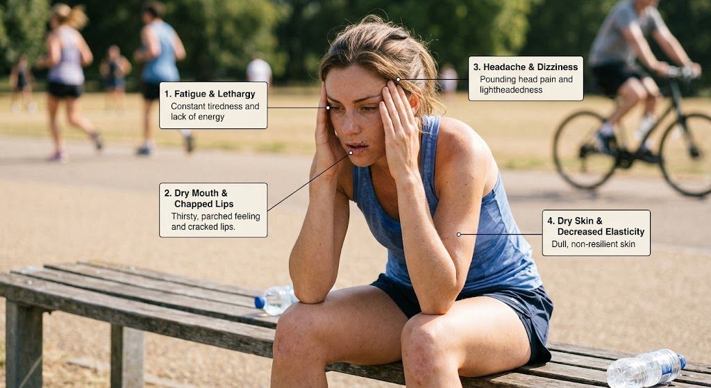 Common signs of dehydration including thirst, fatigue, headaches, and dry mouth.