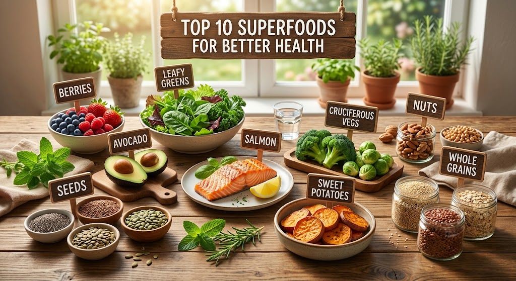 Top superfoods including blueberries, spinach, salmon, yogurt, nuts, chia seeds, avocado, broccoli, garlic, and oats for better health.