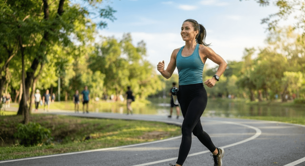 Brisk walking routine supporting healthy weight loss and fat burning.