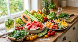 Water-rich fruits and vegetables that help maintain hydration naturally.