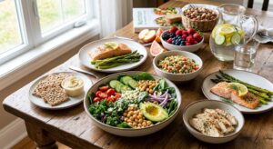 Lean protein foods such as chicken, fish, eggs, and beans.