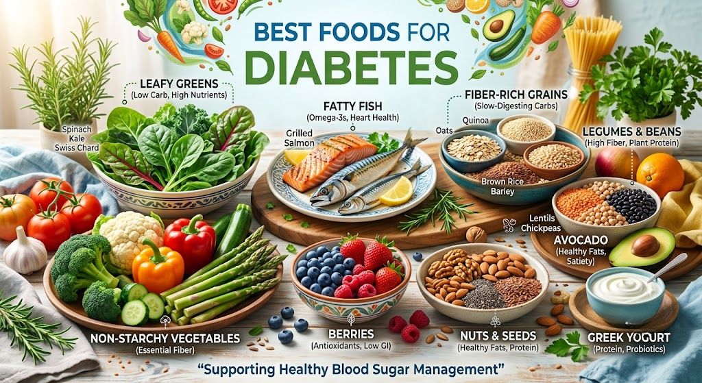 Best foods for diabetes including leafy green vegetables, whole grains, berries, healthy fats, lean proteins, and balanced meals for blood sugar control.