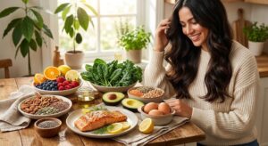 Protein-rich foods, eggs, spinach, nuts, fish, and lentils that promote healthy hair growth.