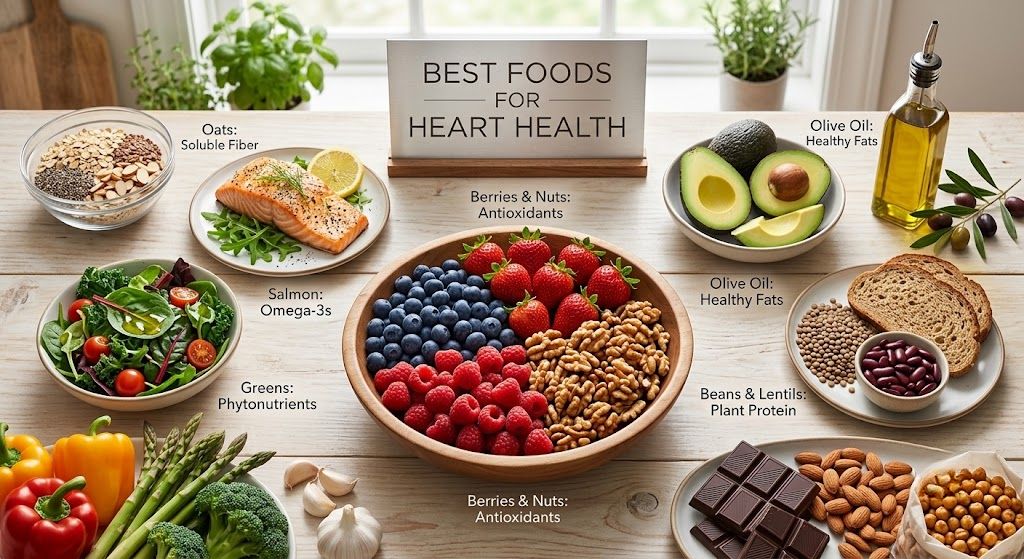 Heart-healthy foods including salmon, oats, berries, spinach, walnuts, avocado, and olive oil.