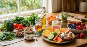 Fresh fruits and vegetables rich in vitamins and antioxidants to strengthen the immune system.