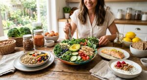 Healthy foods for diabetes including vegetables, whole grains, berries, oats, nuts, and lean protein.