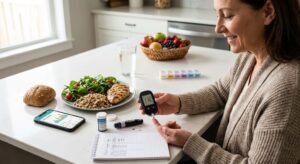 Healthy blood sugar management through balanced nutrition, regular exercise, insulin therapy, hydration, and daily glucose monitoring.