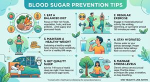 Blood sugar prevention tips including healthy lifestyle choices, balanced diet, regular exercise, hydration, and routine blood sugar screening.