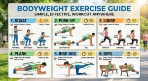 Push-ups, squats, lunges, and planks for a full-body workout at home.
