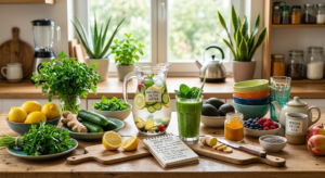Healthy daily habits including hydration, nutritious foods, sleep, and exercise for natural detoxification.