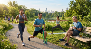 Daily wellness habits including hydration, balanced nutrition, physical activity, quality sleep, and preventive healthcare for a long life.