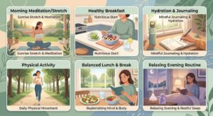 Daily wellness routine with hydration, exercise, healthy eating, and mindfulness.
