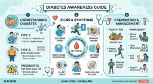 Diabetes awareness with healthy lifestyle, glucose monitoring, and regular medical checkups.