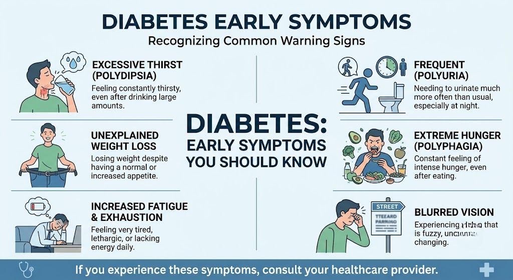 Early warning signs of diabetes with glucose meter, healthy foods, and blood sugar monitoring.