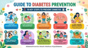 Diabetes prevention tips including healthy eating, daily exercise, weight management, hydration, and regular health checkups.
