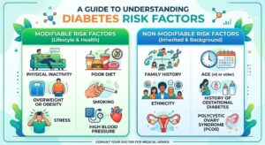 Diabetes risk factors guide showing obesity, family history, unhealthy diet, sedentary lifestyle, high blood pressure, and aging.