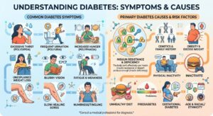 Common diabetes symptoms including frequent urination, increased thirst, fatigue, blurred vision, and unexplained weight loss.